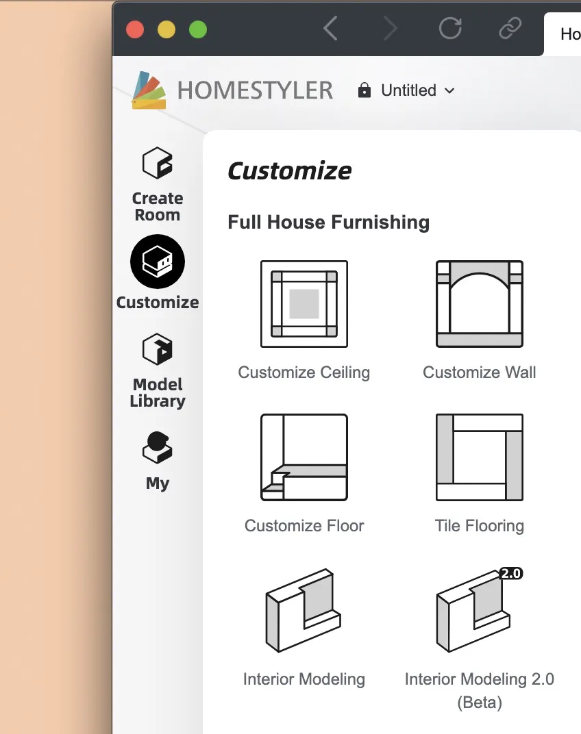Раздел Customize в Homestyler: потолок, стены, пол, плитка и моделирование