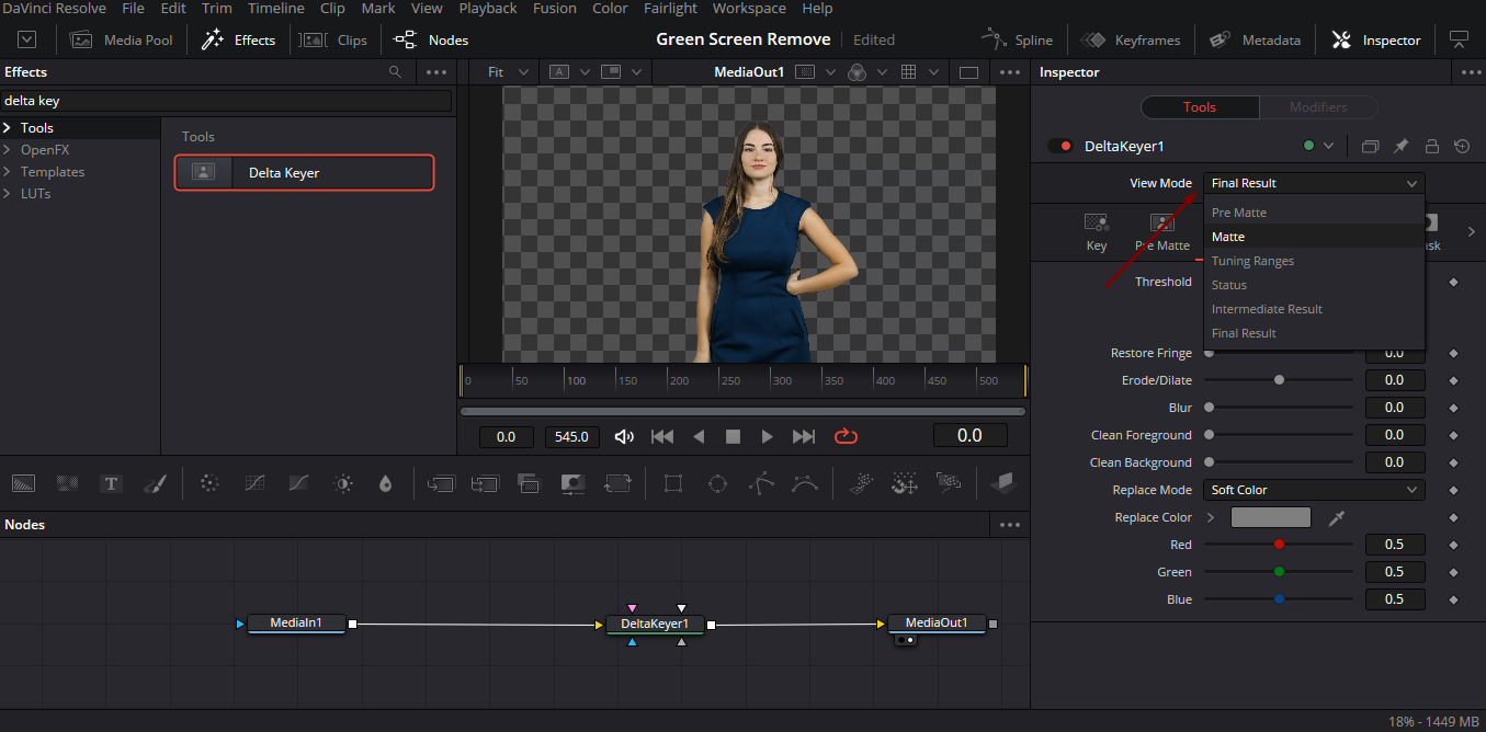 DaVinci Resolve Fusion: Delta Keyer с режимом Final Result и настройками Background Color