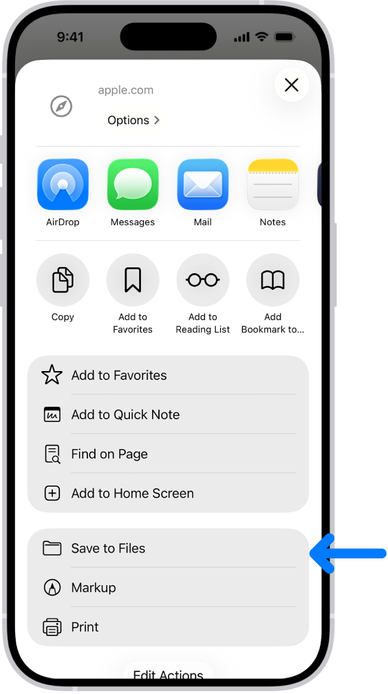 Сохранение PDF из Safari на iPhone через Share и Save to Files