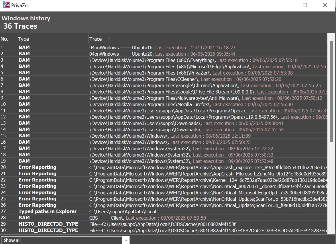 PrivaZer: найденные следы Windows history, BAM и Error Reporting