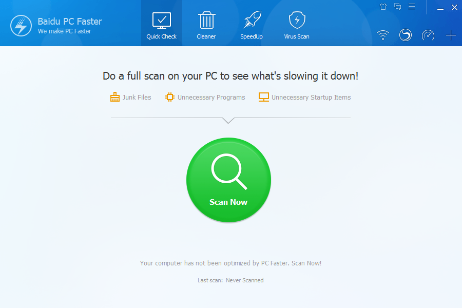 Главное окно Baidu PC Faster с кнопкой Scan Now в разделе Quick Check