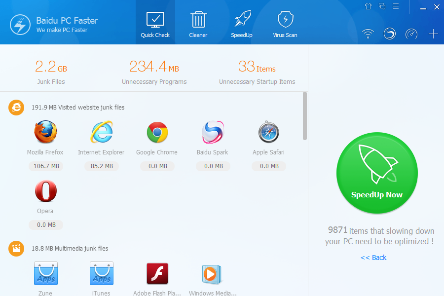 Результаты Quick Check в Baidu PC Faster: мусорные файлы, ненужные программы и элементы автозагрузки