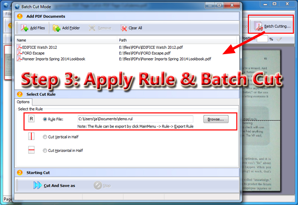 Скриншот A-PDF Page Cut: batch cut pdf pages with fixed rule apply rule