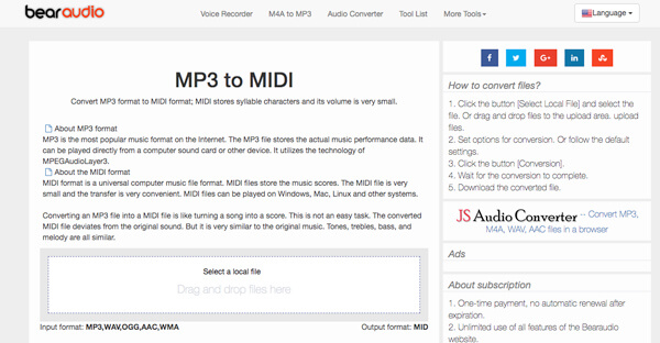 Онлайн-конвертер Bear Audio Tool для MP3 в MIDI