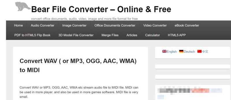 Страница Bear File Converter для преобразования WAV в MIDI