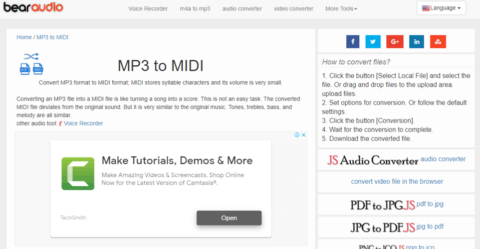 Bear Audio Tool в браузере для загрузки MP3 и скачивания MIDI