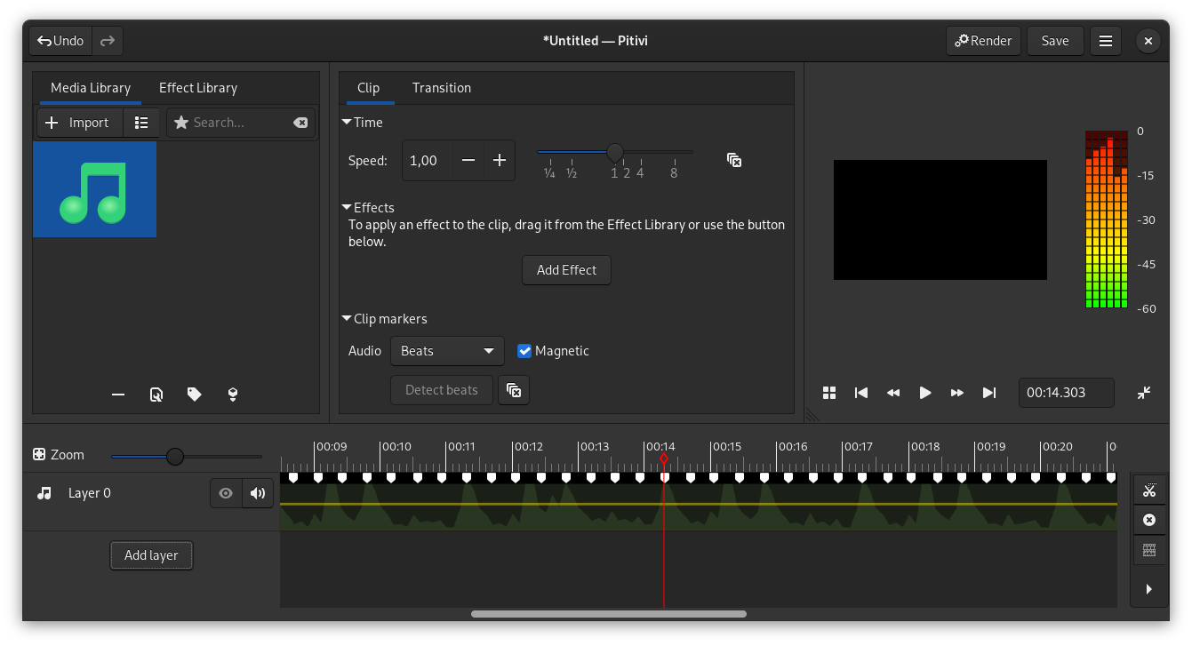 Beat detection, аудиоволна, маркеры и VU meter в Pitivi