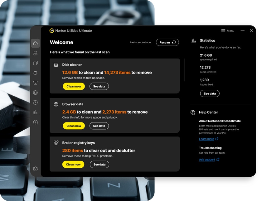Главный экран Norton Utilities Ultimate с результатами сканирования и кнопками Clean now / See data