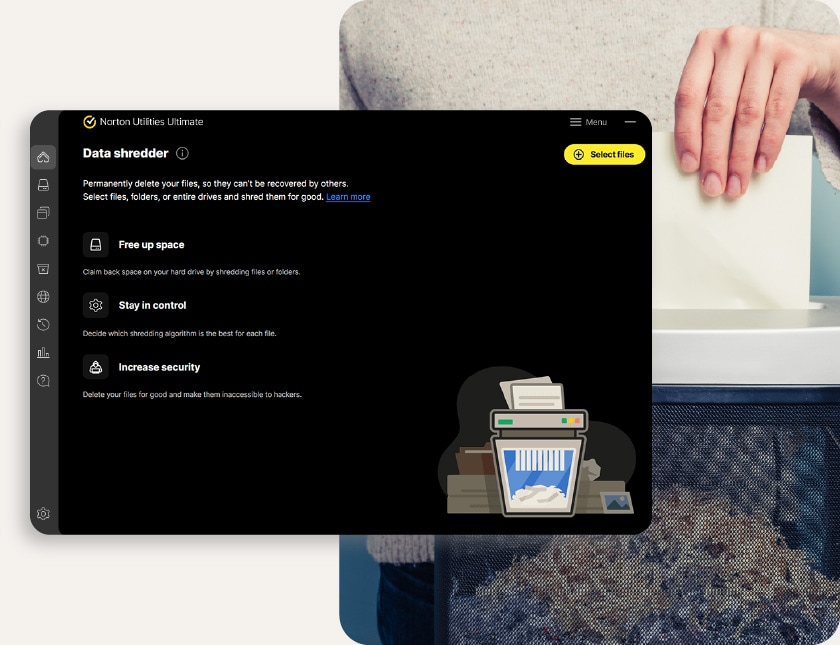 Раздел Data Shredder в Norton Utilities Ultimate с кнопкой Select files