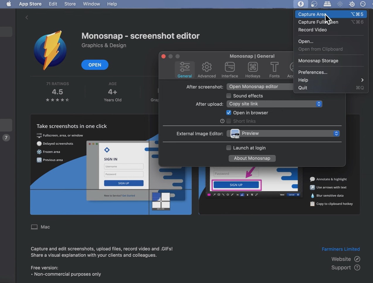 Окно настроек Monosnap в macOS: вкладки General, Advanced, Interface, Hotkeys и параметры поведения после захвата и загрузки