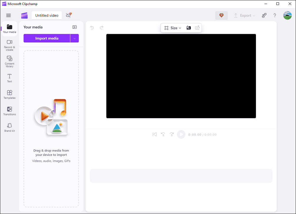 Интерфейс Microsoft Clipchamp