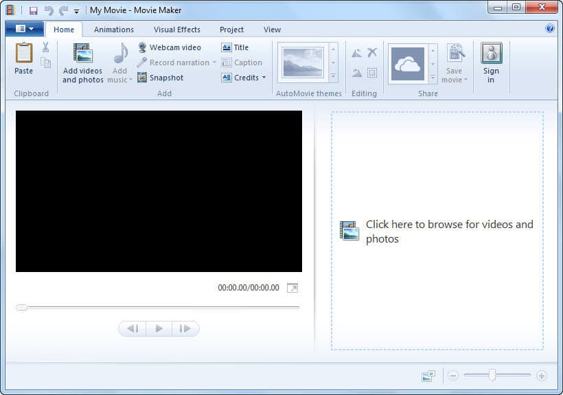 Главное окно Windows Live Movie Maker 2012: вкладка Home, предпросмотр и раскадровка