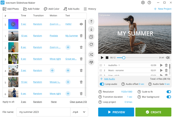 Интерфейс Icecream Slideshow Maker с лентой изображений и настройками слайд-шоу