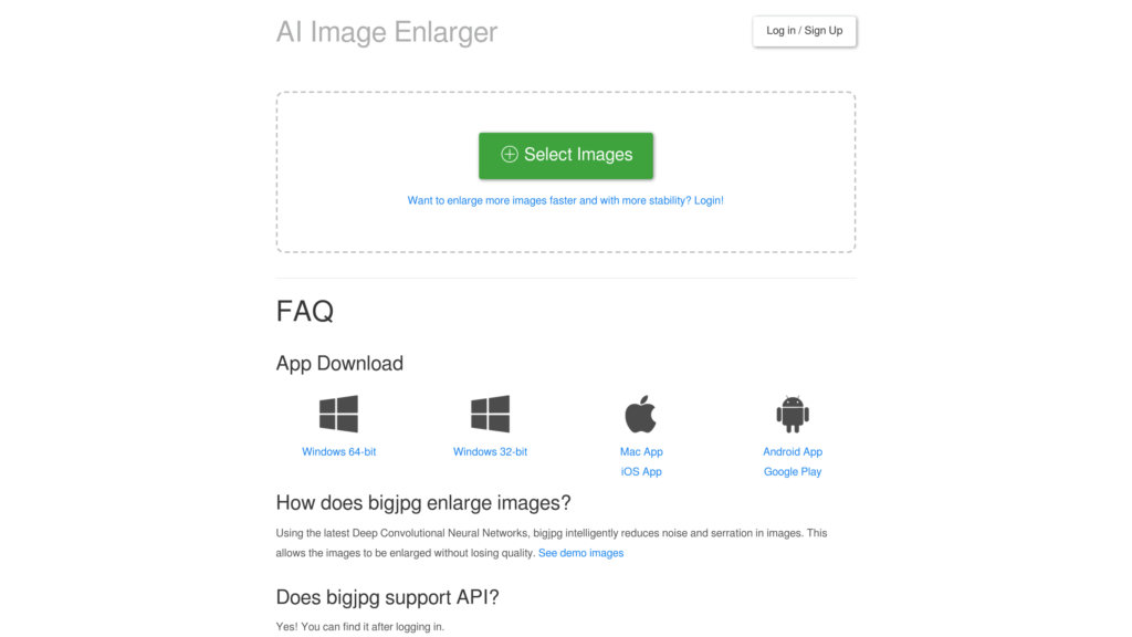 Главный экран Bigjpg AI Image Enlarger