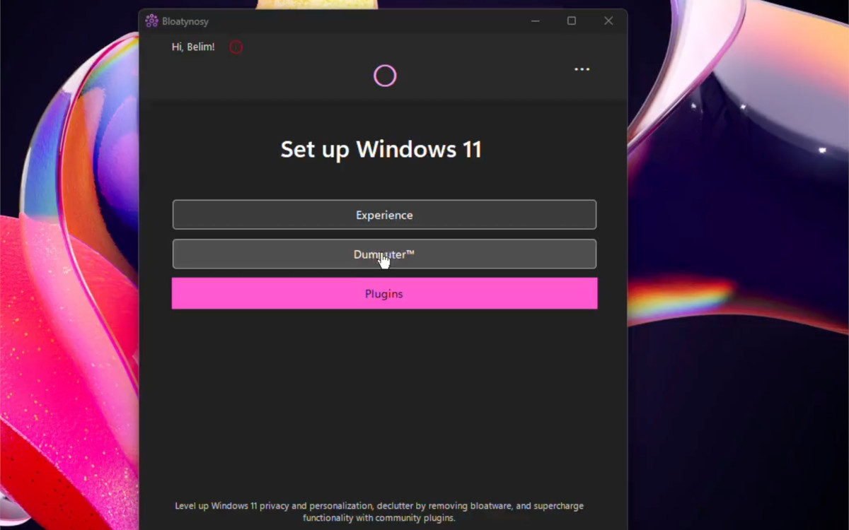 Главный экран Bloatynosy Nue с разделами Experience, Dumputer и Plugins