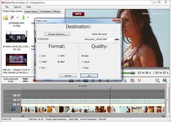 Окно Make video: выбор формата и качества, кнопка Go