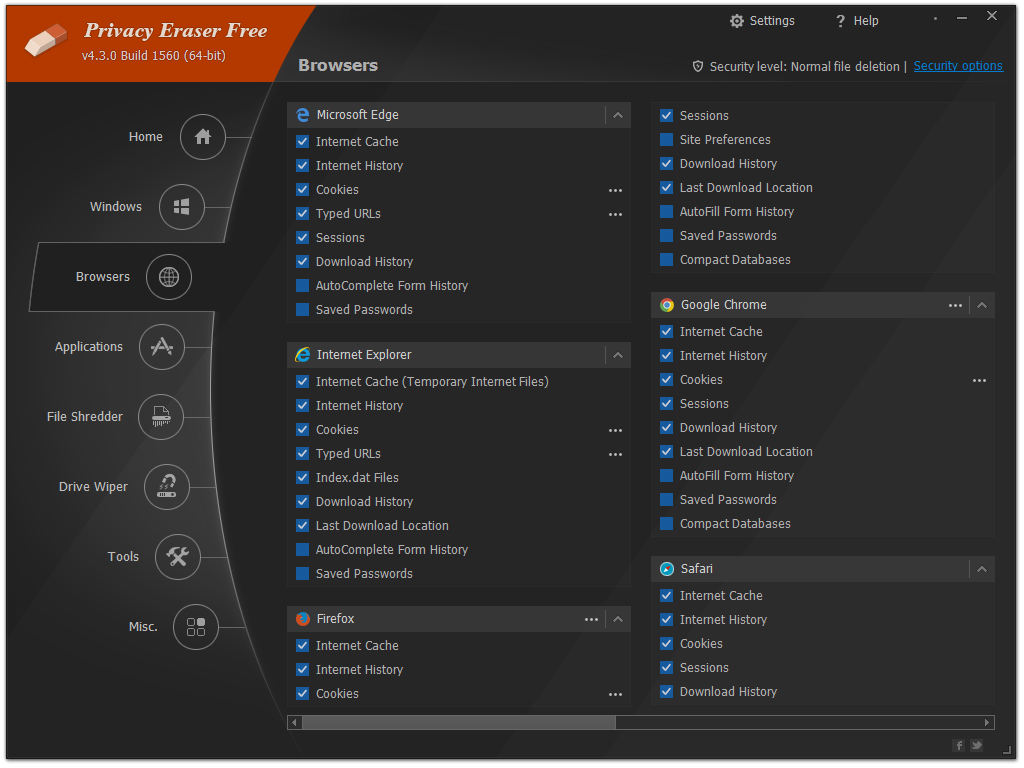 Раздел Browsers в Privacy Eraser с очисткой Edge, Chrome, Firefox и других браузеров