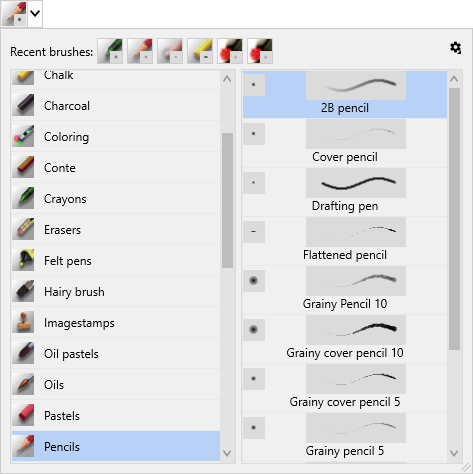 Окно Brush selector в Artweaver с категориями кистей и предпросмотром штрихов