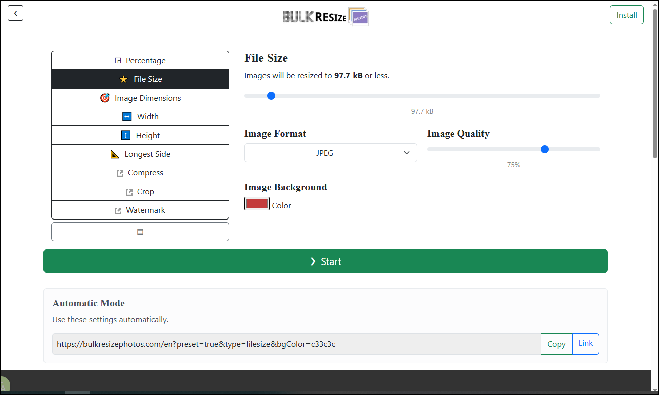 BulkResizePhotos в режиме File Size с настройкой целевого веса файла и блоком Automatic Mode