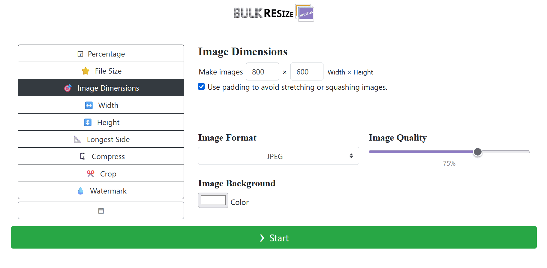 BulkResizePhotos в режиме Image Dimensions с параметрами ширины, высоты, формата и качества