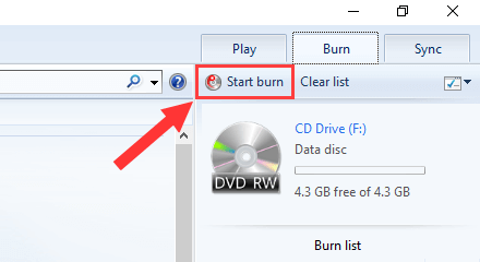 Кнопка Start burn в Windows Media Player