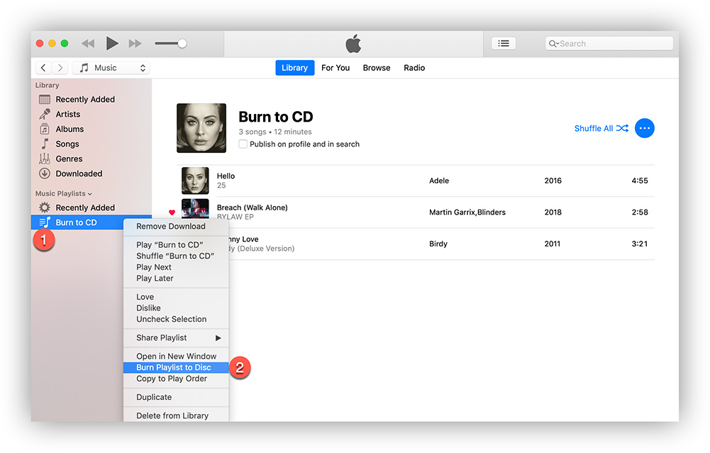 Команда Burn Playlist to Disc в iTunes