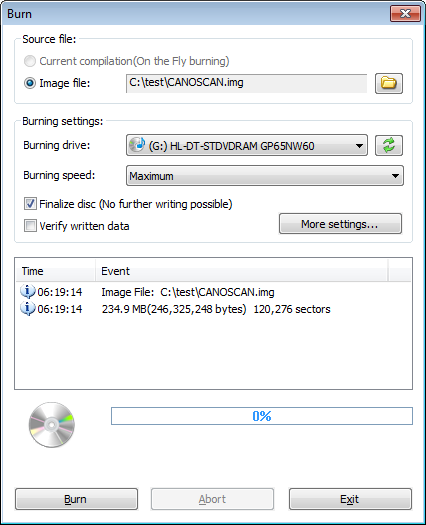 Окно PowerISO для записи IMG на диск