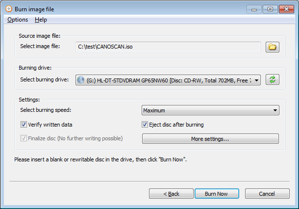 Окно записи образа в AnyBurn
