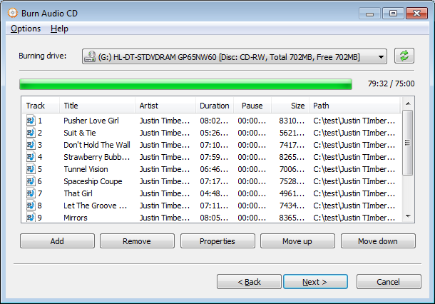 Список треков в проекте Burn Audio CD в AnyBurn