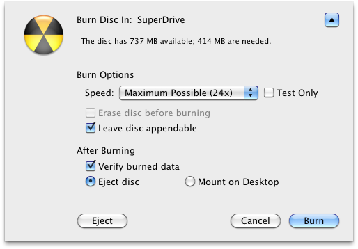Запись диска в macOS Finder