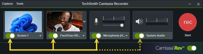 Окно Camtasia Recorder с основными переключателями записи