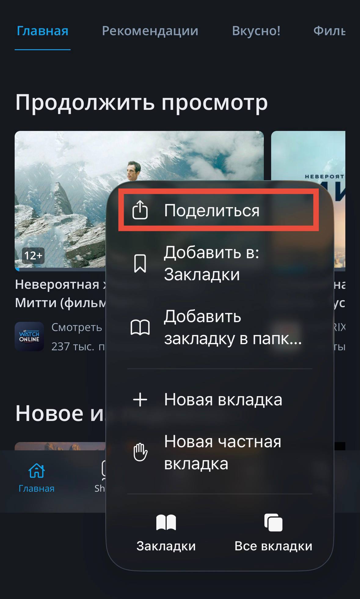Safari в iPhone — пункт Поделиться