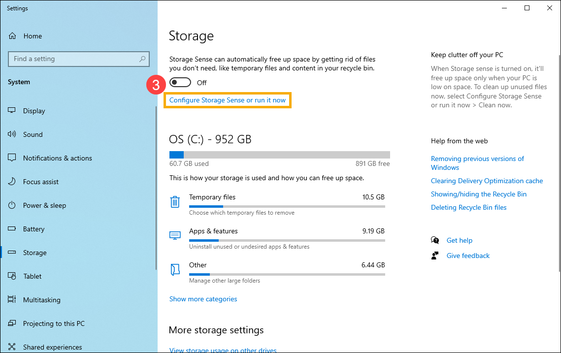 Раздел Память в Windows 10