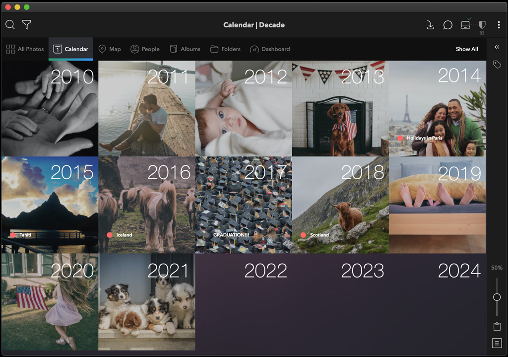 Mylio Photos: Calendar / Decade view