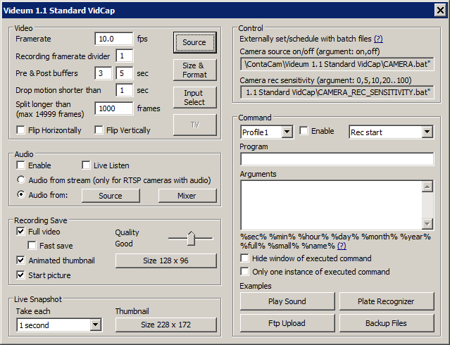 Окно Camera Advanced Settings: видео, аудио, Split longer than, запись mp4 и внешние команды