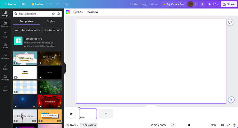 Интерфейс Canva для создания интро