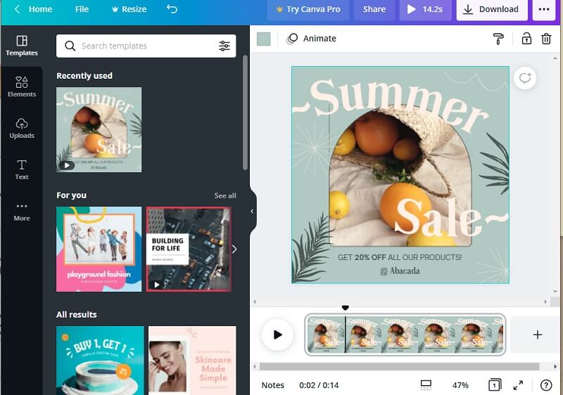 Интерфейс Canva для видеоколлажа