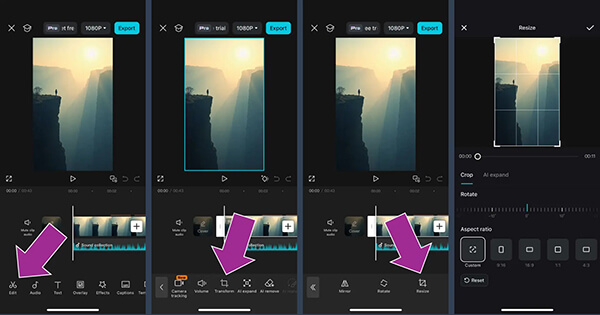 Изменение размера и формата видео в CapCut