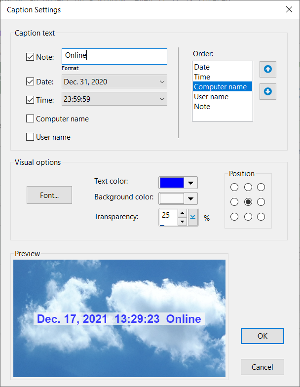 Окно Caption Settings в AutoScreenRecorder 5