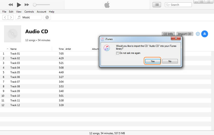 iTunes: выбор параметров импорта CD