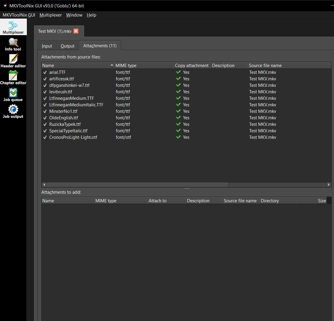 Вкладка Attachments со встроенными шрифтами