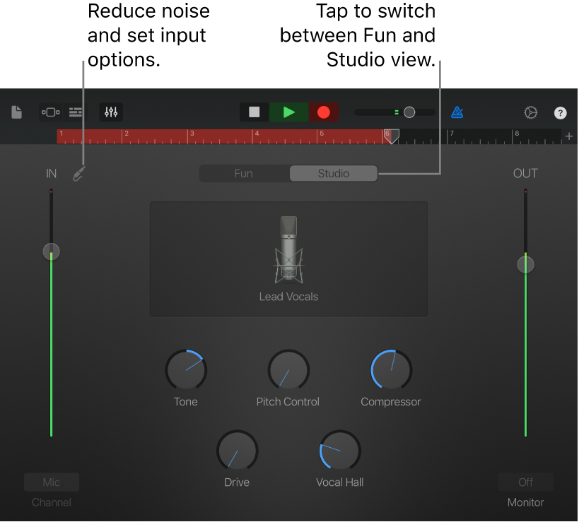 Audio Recorder в GarageBand для iPad — Studio view