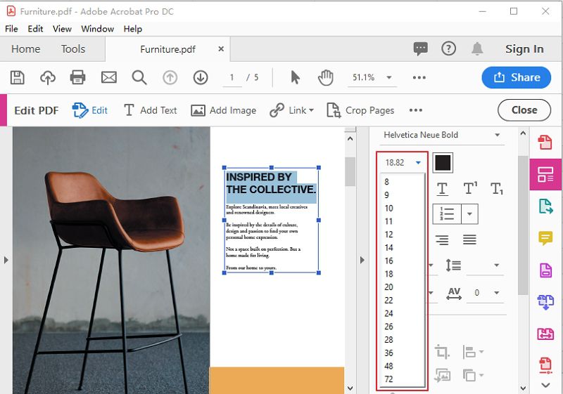 Панель изменения размера и шрифта текста в Adobe Acrobat Pro