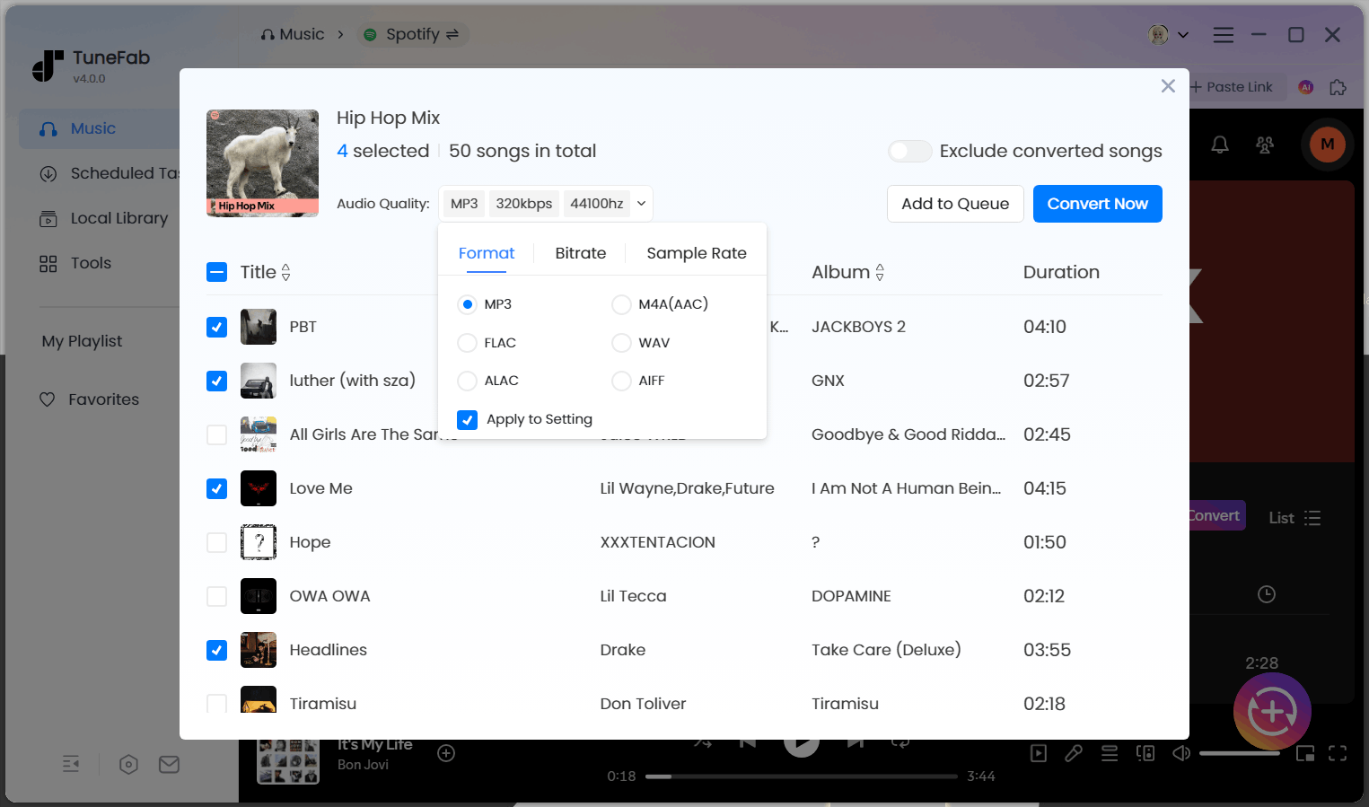 TuneFab Apple Music Converter: выбор Output Format и параметров качества