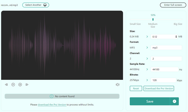 Изменение параметров в AnyMP4 Audio Compressor Online
