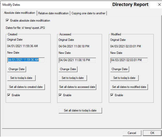 Окно Modify Dates в Directory Report с изменением Created, Accessed и Modified date
