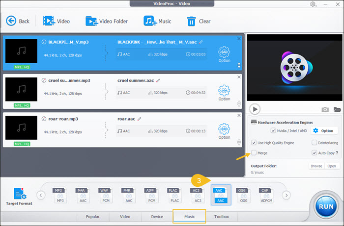 Выбор AAC в VideoProc Converter AI