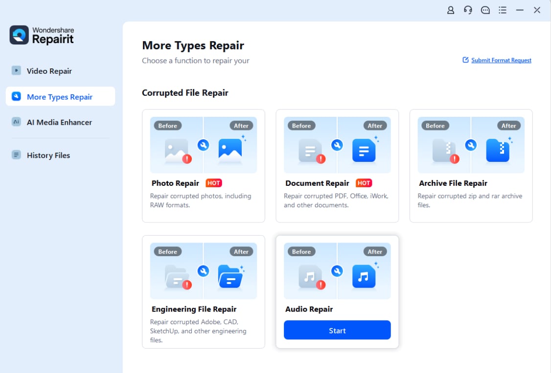 Выбор раздела Audio Repair в Wondershare Repairit