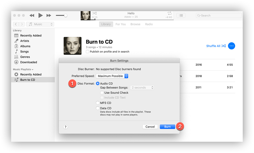 Окно выбора формата диска в Apple Music и iTunes