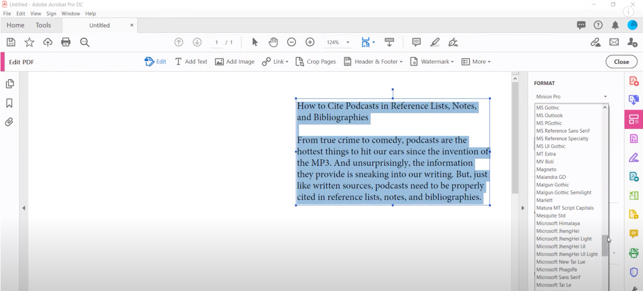 Выбор шрифта в Adobe Acrobat Pro